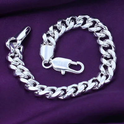 12mm Mens 925 Sterling Silver Bracelet Curb Link Chain Chunky Retro Bracelets UK • £5.69
