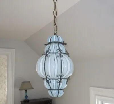 Vintage Rare Murano Striped Ceiling Lamp. Blue And White. Caged • $1500