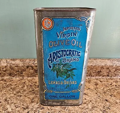 Vtg ARISTOCRATIC Virgin Olive Oil 1 Gallon Tin Can Advertising LIKAS & DRIVAS NY • $74.99