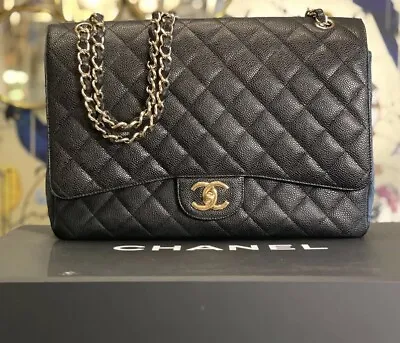 CHANEL Classic MAXI Double Flap Bag Black Caviar Leather Gold Hardware Mint Cond • £5875