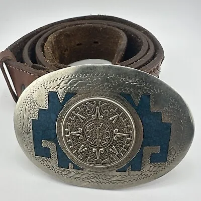 Vintage Mexico Alpaca Silver Chip Stone Inlay Aztec Mayan Design Buckle + Belt • $29