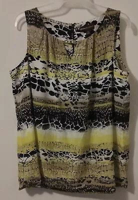 Dana Buchman Blouse Large Yellow Black White Animal Print Sleeveless Gold Bead • $11.94