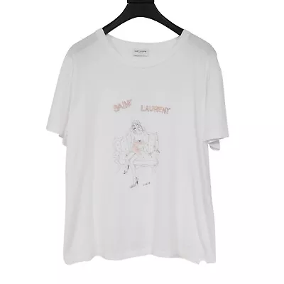 Saint Laurent Womens T Shirt Small White Pink Black Mono Boob Dress Drawing Logo • £223