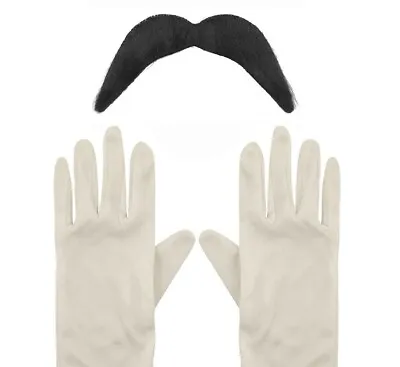 Adults White Gloves & Black Moustache Tash Super Mario Luigi Fancy Dress Set • $5.62