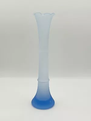 Blue Satin Glass Ombré Bud Vase Ruffled Top Bamboo Design Mid Century 1950s • $15