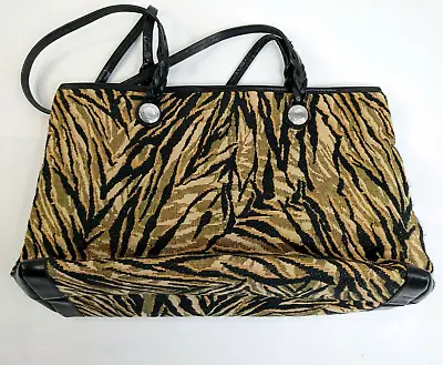 Vintage Purse Carpet Bag Tapestry Foliage Animal Black Cream Tan Green Brighton • $49.99