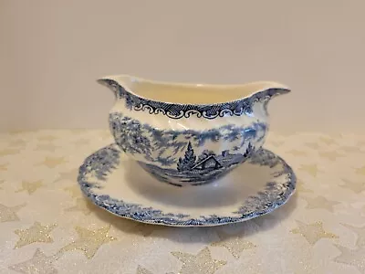 1970's Blue & White Fine STAFFORDSHIRE Ware Myott  THE BROOK : 1pc Gravy Boat  • £44.14