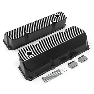 Ford 302 351C Cleveland Black Finned Aluminum Valve Covers - Tall W/ Hole • $136.74