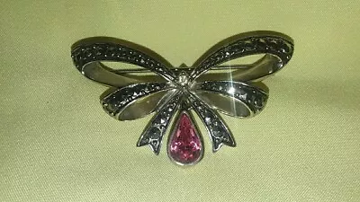 Vintage Avon Signed Pink Teardrop Dangle Marcasite Bow Brooch Pin  • $12.98