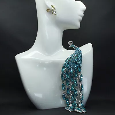 Vintage Long Tailed Sky Blue Crystal Peacock Tassel Brooch Women Accessories Pin • $8.63