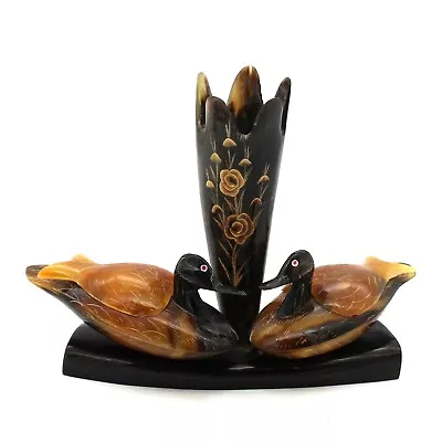 Vintage FOLK ART Steer Horn Carved Desk Set Pen Pencil Holder Ducks Man Cave • $31.99