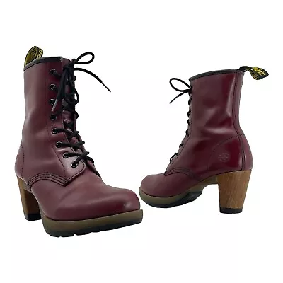 DR MARTENS Womens 10 Leather DARCIE Ankle Booties Lace Up Combat Platform MAROON • $174.99