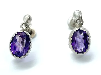 Antique Edwardian Sterling Silver Amethyst Screw-Back Dangle Earrings • £100