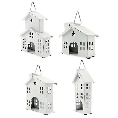 White Tin House Christmas Ornaments Set Of 4 Vintage Style Metal • $24.99