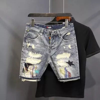 Summer Ripped Denim Shorts Men's Frayed Patch Half Pants Slim Fit Jeans Shorts • $16.79