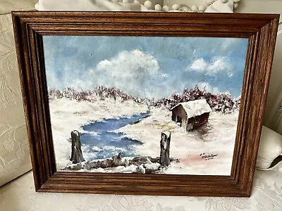 Pretty Vintage Landscape Painting House Water Signed Framed Winter Scene Pink • $22