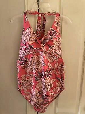 Isabel Maternity Women Pink Coral Halter Floral One Piece Swimsuit  Large L -NEW • $12.99