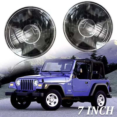 7  Inch Round Clear Lens Diamond Cut Projector Black Headlights Headlamps Pair • $26.39