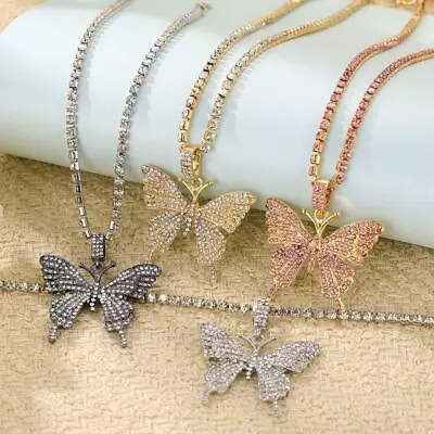 Rhinestone Butterfly Pendant Necklace Chain Choker Women Girl Bling Gift Jewelry • $7.99