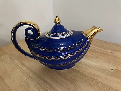 Hall Aladdin Marine Blue Teapot Gold Trim Vintage 1940's • $35