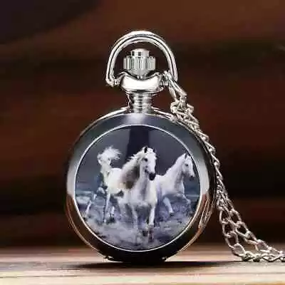 Vintage Silver Horse Design Quartz Pocket Watch Necklace Pendant Trend Chain New • $25.98