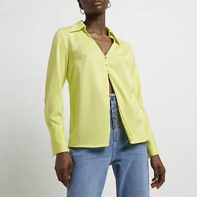 £7 • Buy River Island Womens Shirt Yellow Long Sleeve Button Through Satin Collared Top