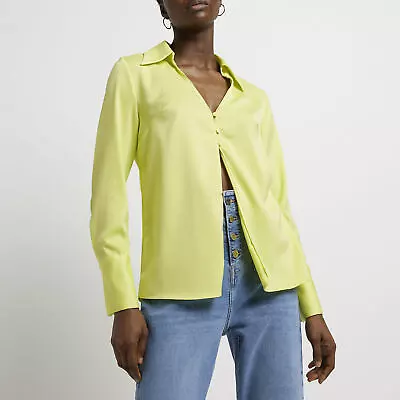 £7 • Buy River Island Womens Shirt Yellow Long Sleeve Button Through Satin Collared Top