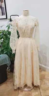 Vtg 70s Intl Ladys Garment Prairie Cottagecore Bohemian Lace Prom Dress Sz Xs • $75