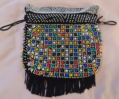 Vintage Black Beaded Drawstring Purse With Fringe Made In Hong Kong Colorful • $23.99