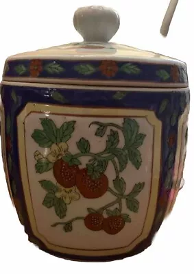 Virgin Biscuit Cookie Ginger Jar With Lid Hand-Painted Japan Strawberries (2470) • $39