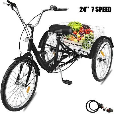 $250.99 • Buy Adult Tricycle 24  7-Speeds Trike 3-Wheel Bicycle W/ Basket & Lock For Shopping