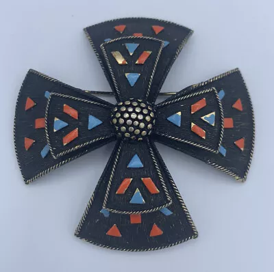 MALTESE CROSS Vintage Brooch SIGNED ALAN J Black With Orange Blue Enamel RARE • $28