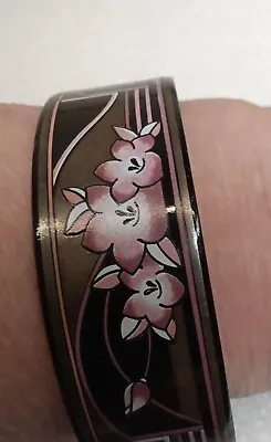 VINTAGE MICHAELA FREY Black Enamel Gold Tone Pink Flowers Bangle Bracelet Vienna • $44.99