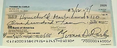 Yvonne De Carlo Signed Check 'The Munsters' Autograph TV Movie D.2007 JSA COA • $149.95