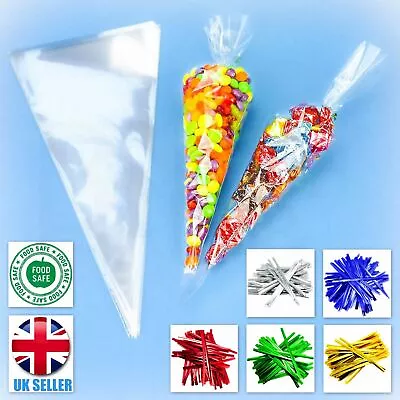 Clear Cello Cone Large Bags Sweet Treat Candy Kid Party Favour Cellophane + Ties • £334.99