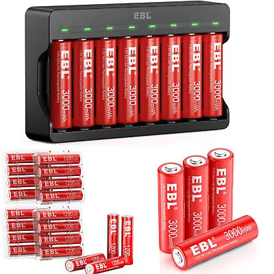 EBL Rechargeable Lithium AA Batteries 3000mWh AAA 1200mWh & Battery Charger Lot • $13.99