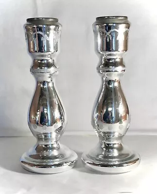Mercury Glass Silver Christmas Candlesticks With Applied Glitter Decorations • $63.75
