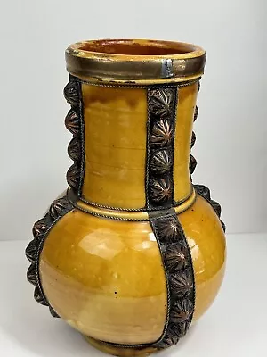 Vintage Safi Morrocan Terracotta Yellow Glazed With Metal Overlay Vase 11” • $54.99