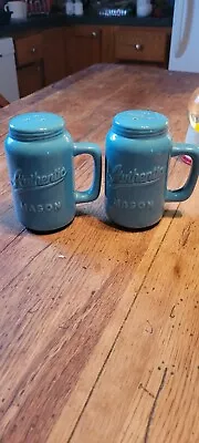 Mason Jars Salt Pepper Shakers Ceramic Stoppers Handles Blue 5  • $7.50