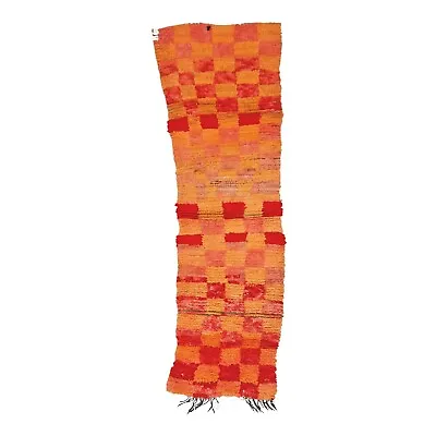 Moroccan Handmade Vintage Rug 2'6x7'9 Berber Checkered Orange & Red Wool Carpet • $247.80