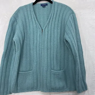 J Crew Women’s L Cardigan Wool Cable Knit Sweater Zip Boxy Mint Sea Foam Blue • $34.90