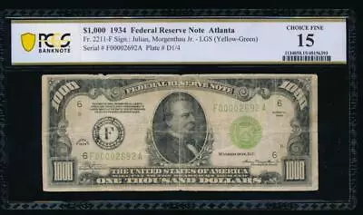 AC 1934 $1000 Atlanta LGS ONE THOUSAND DOLLAR BILL PCGS 15 • $2999