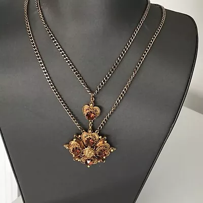 FLORENZA Maltese Cross Vintage Necklace Pendant Amber Rhinestone RARE! • $79