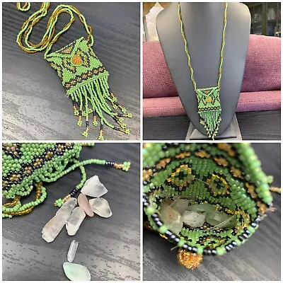 £29.65 • Buy Boho Tiny Beaded Stash Purse  W/Healing Crystals  Inside Pendant Necklace ￼ 22”