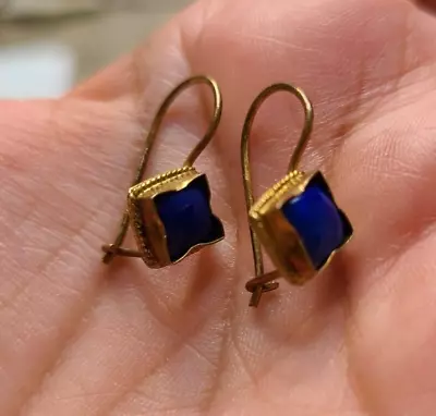 Vintage Sterling Silver Natural Stone Lapis Over Gold Pierced  Earrings • $35