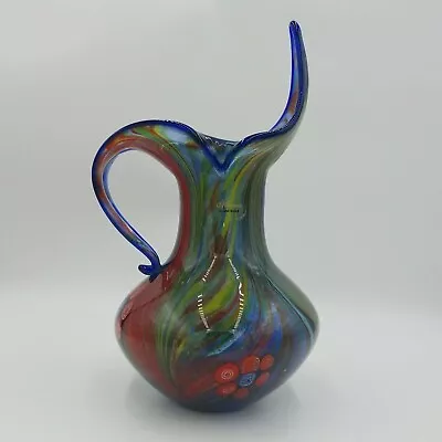 Large Art Glass Colorful Pitcher W/Millefiori Abstract Shape Heavy • $70