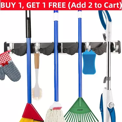 Mop Broom Holder Hanger Wall Mount Garage Kitchen Tool Organizer 4 Slots 4 Hooks • $15.86