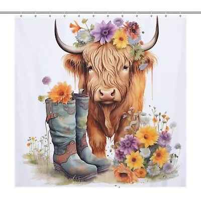 Rustic Farmhouse Floral Highland Bull Cow Shower Curtain Bathroom Waterproof • £17.98