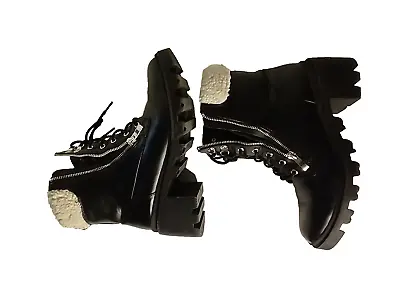 Black Boots Sz 9 WM Zip Lace Up Chunky Lug Sole Combat Moto W Faux Fur Trim • $19.99