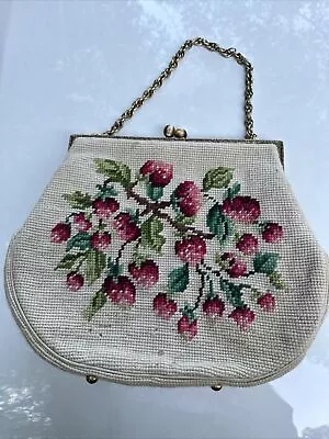 1950s Petit Point Wool Needlepoint Purse Strawberries Fruit Handbag Tapestry • $39.99